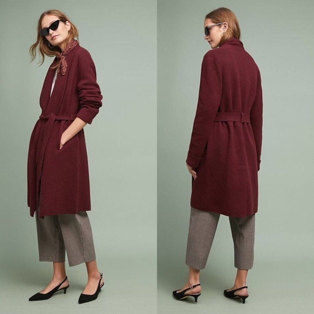 Anthropologie Moth Boiled Wool Mayella Cardigan Sweater Coat Burgundy Size Small - Picture 2 of 8